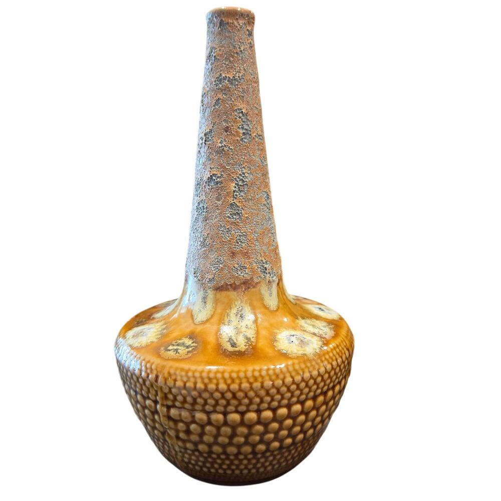 Vtg Mid Century Modern Lava Glaze Ceramic Vase Reticulated Butterscotch Gold MCM